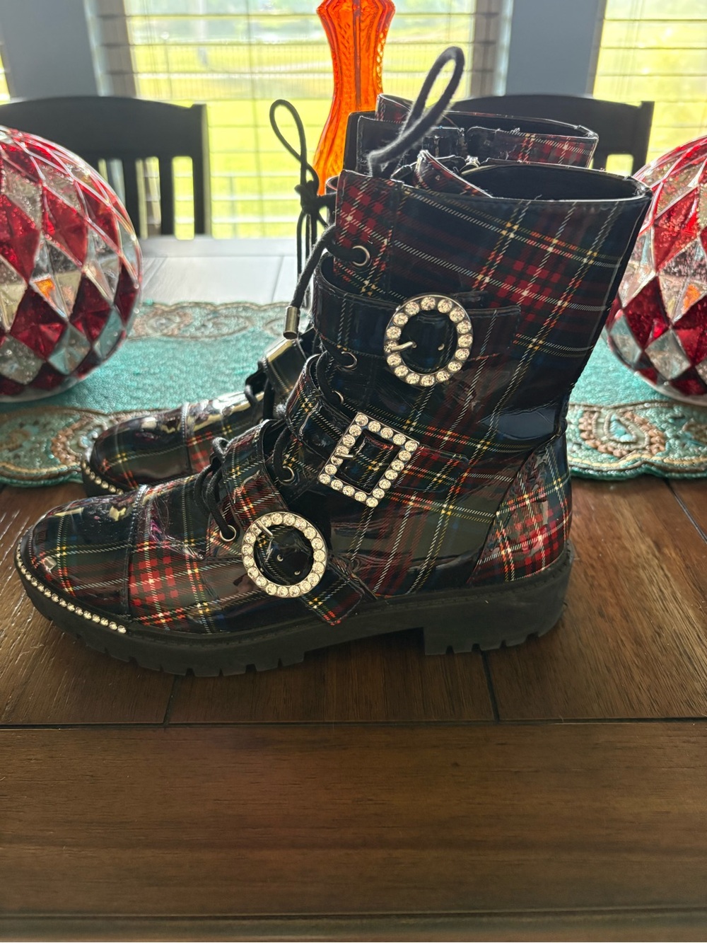 Jessica Simpson Red Plaid Combat Boots with Rhinestone Buckles